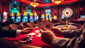 I9BET players enjoying an exciting game at a luxurious poker table in a casino.