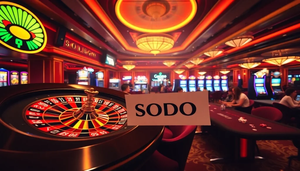 SODO casino scene with roulette wheel, slot machines, and excited players in a luxurious setting.