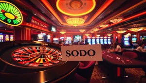 SODO casino scene with roulette wheel, slot machines, and excited players in a luxurious setting.