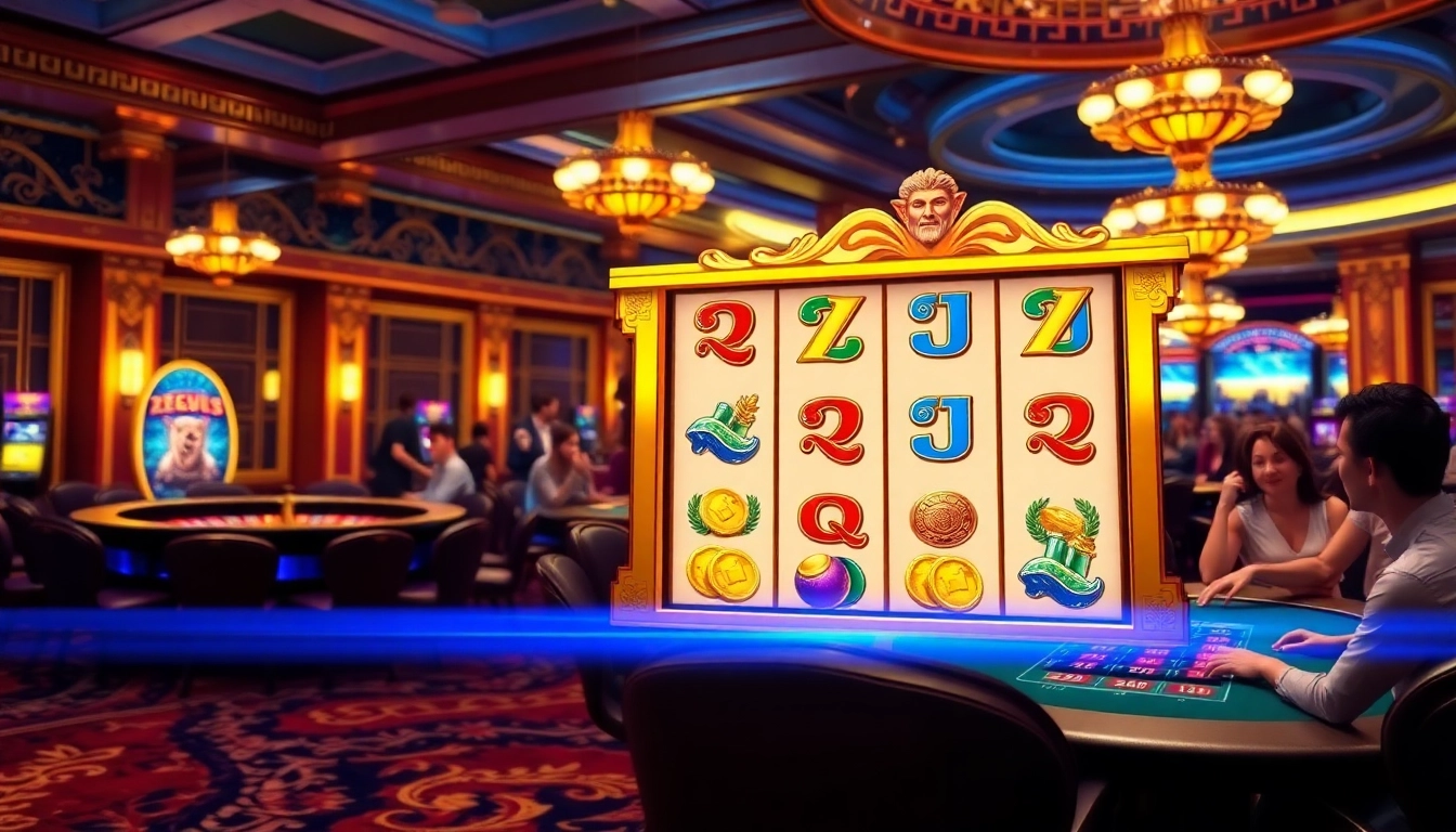 Experience the excitement of slot zeus with a luxurious casino scene featuring a thunderbolt-themed slot machine.