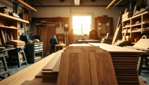 Explore the veneer hub showcasing a variety of wood samples in a bright workshop setting.