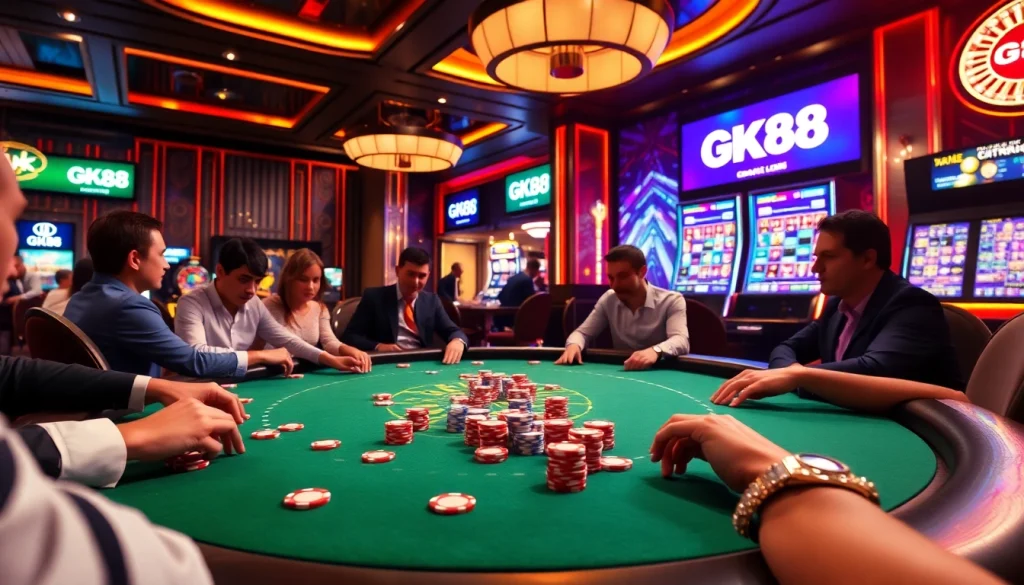 Players engaging at the GK88 poker table, surrounded by chips and excitement in a vibrant casino.