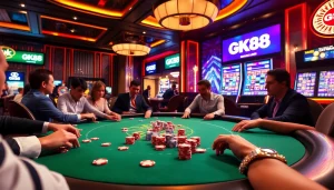 Players engaging at the GK88 poker table, surrounded by chips and excitement in a vibrant casino.