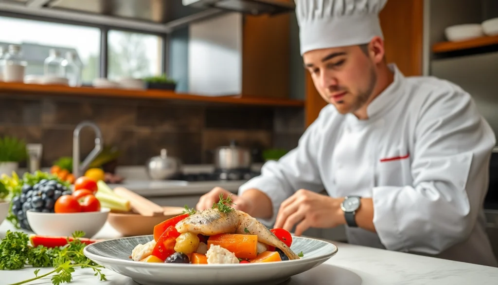 Culinary expert crafting laoutaris meal with fresh ingredients in a vibrant kitchen.