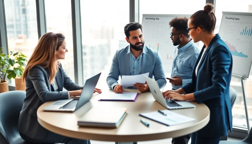 Engaged marketing consultant collaborating with a team in a vibrant office space.