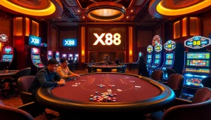 Engaging gameplay environment at XX 88 casino with vibrant poker tables and roulette wheels.