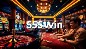 Players engaging in high-stakes games at the luxurious 555win casino, surrounded by vibrant slot machines.