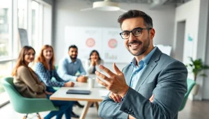 Engaging session with a business coach los Angeles guiding a diverse group in a modern office.