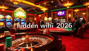 Poker players strategize at a casino, highlighting hidden wiki 2026 gaming thrills and vibrant roulette tables.