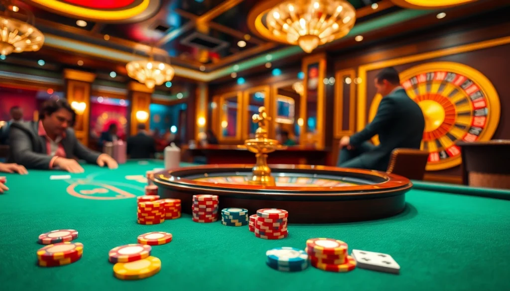 Experience the thrill of high-stakes poker at https:/sc88.bz/, showcasing vibrant chips and an elegant roulette wheel.