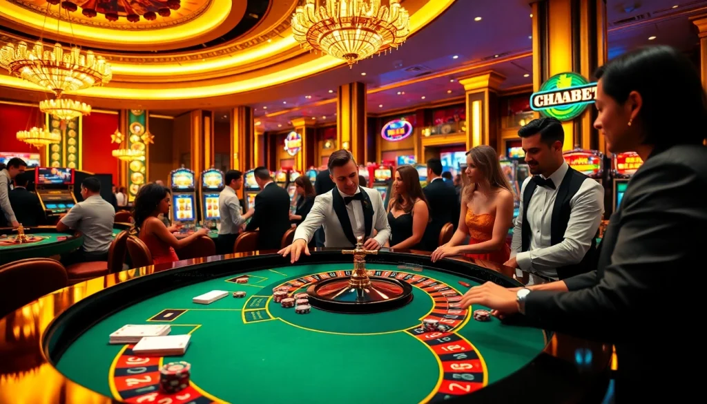 Experience the thrill of excitement at https://thabet.vegas/ with players engaged in a luxury casino setting.