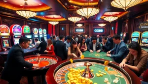 GG88 casino players excitedly engage at poker and roulette tables in a luxurious setting.