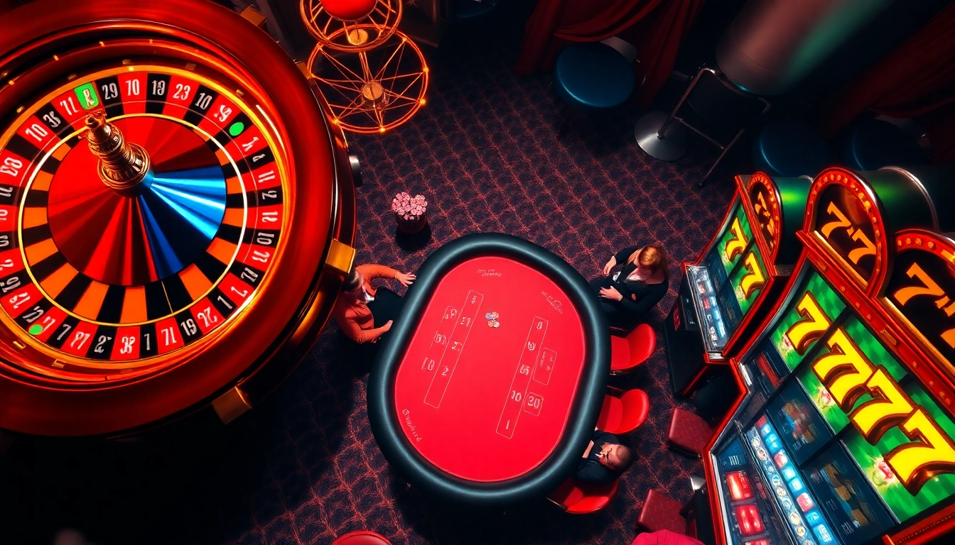 Engaging scene of casino excitement featuring seven77 on slot machines and poker tables.