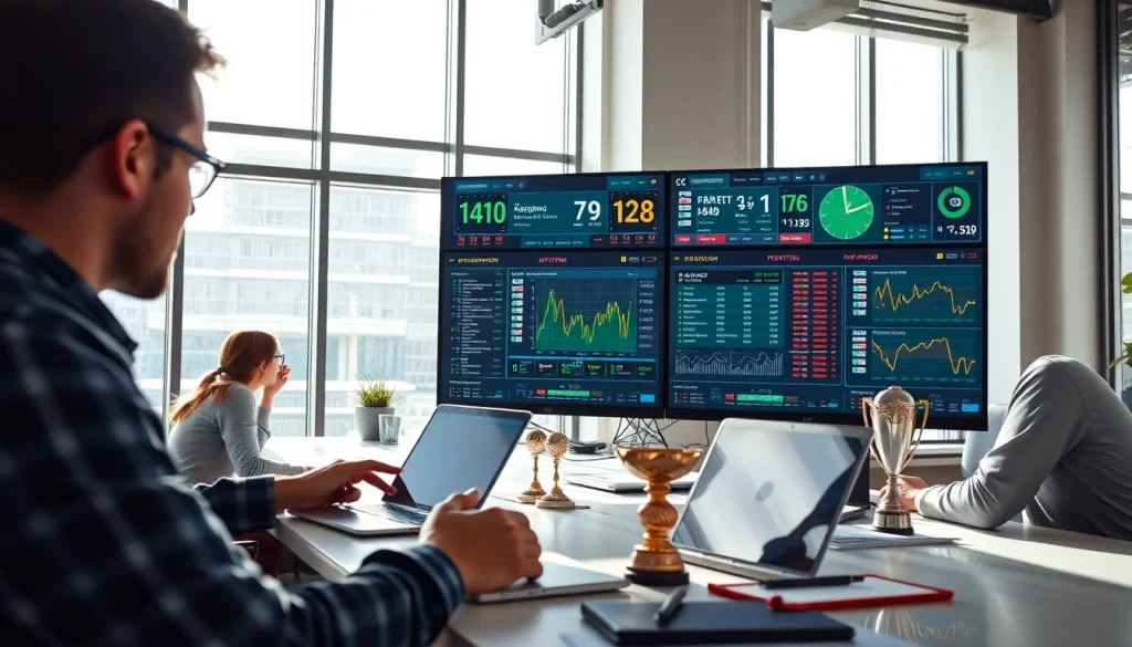 Analyze ผลบอลสด with advanced sports analytics in a vibrant office setting.