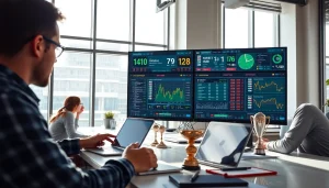 Analyze ผลบอลสด with advanced sports analytics in a vibrant office setting.