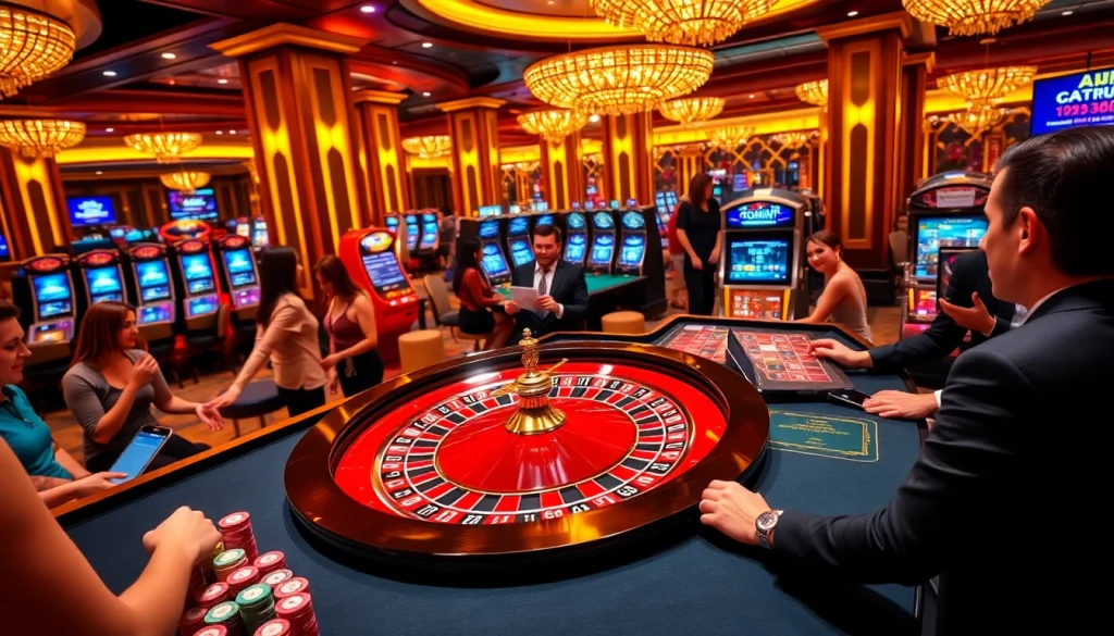 Players enjoying games at the okwin casino with vibrant lights and exciting betting action.