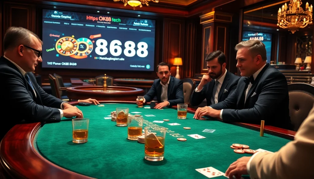 Engaging players at a high-stakes poker table while accessing https://ok88.tech/ for thrilling gaming.