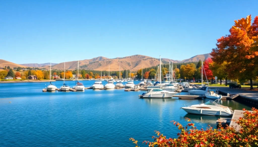Scenic view of Clarksburg CA marina highlighting tranquil waters and vibrant autumn foliage.
