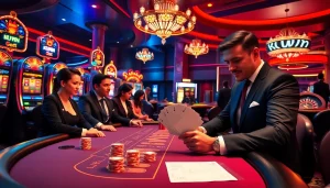 KUWIN players placing bets at an exciting blackjack table under vibrant casino lights.