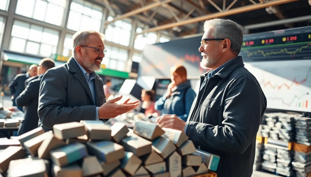 Zinn Preis – Ein Verkäufer erklärt Zinspreise an einem Marktstand mit Zinkbarren.
