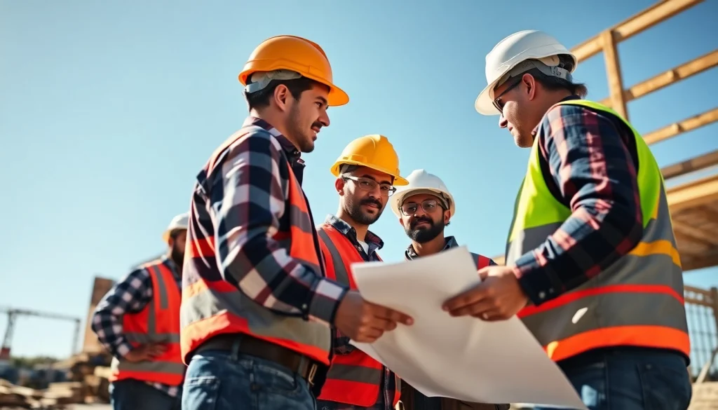 Construction association North Carolina team actively discussing plans on-site to enhance project management.