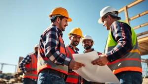 Construction association North Carolina team actively discussing plans on-site to enhance project management.