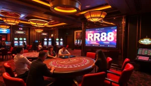 Experience exhilarating gameplay at RR88 casino with vibrant slot machines and intense poker moments.