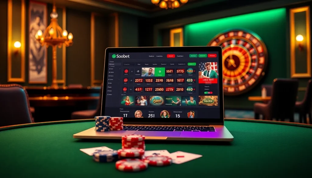Enjoying sbobet online betting with a stylish casino table, poker chips, and roulette wheel.