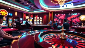 Thrilled players winning at XX88 casino tables, showcasing excitement and luxury.