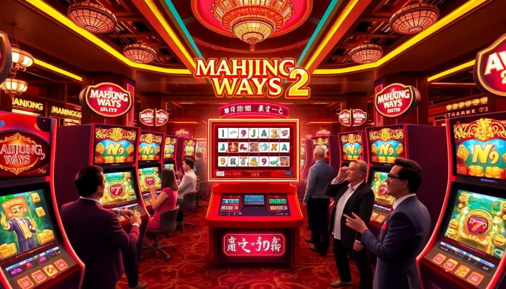 Para pemain menikmati permainan slot Mahjong Ways 2 di kasino mewah dengan visual yang hidup.