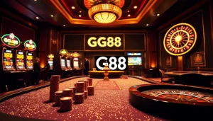 GG88 casino table with vibrant poker chips and an elegant roulette wheel in a luxurious setting.