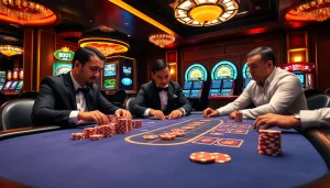 Exciting poker gameplay at 88i casino with vibrant chips and illuminated slot machines.