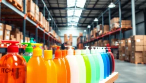 Shampoo bottle suppliers showcasing diverse bottle designs in a modern warehouse.