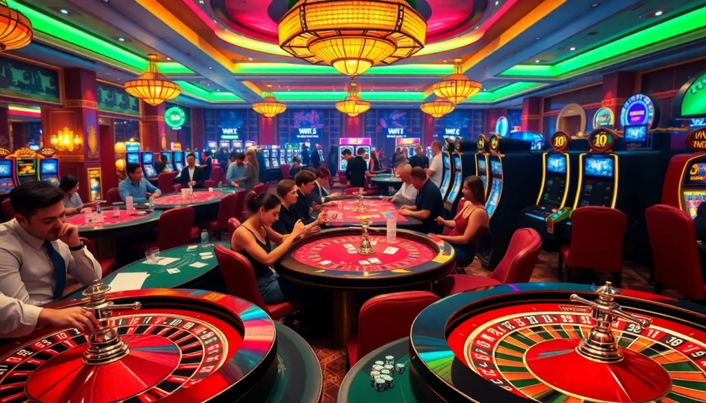 Gamblers enjoying a vibrant casino atmosphere at https://urr88.com/ with poker tables and slot machines.