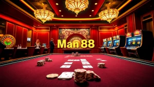 Engaging poker game scene showcasing Man88 casino experience with chips, cards, and excitement.