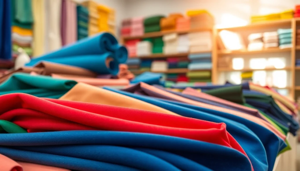 Verschillende stretch stoffen tonen een levendige selectie van kleuren en texturen in een stoffenwinkel.