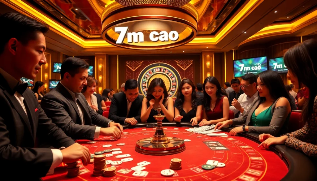 Experience the thrill of '7m ma cao' as players engage intensely at a vibrant casino table.