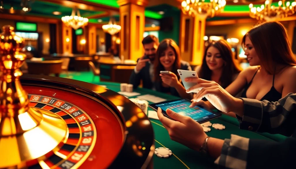 Engaging scene of enthusiastic gamblers using 7upbet on a casino gaming interface, with poker chips and roulette.