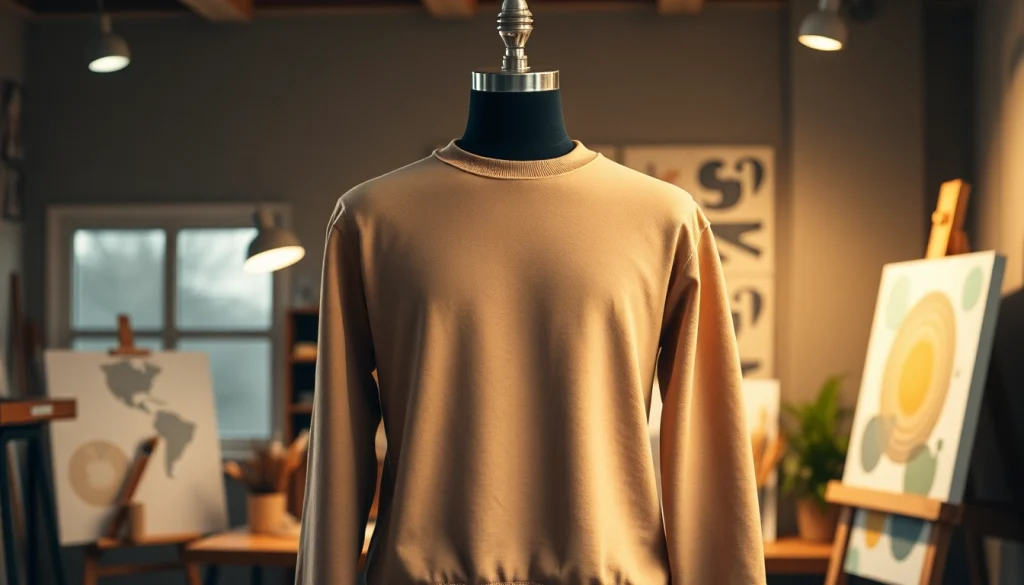 Džemperiai su spauda rodomi šiltoje, kūrybinėje darbo erdvėje su stilingais dekorais.