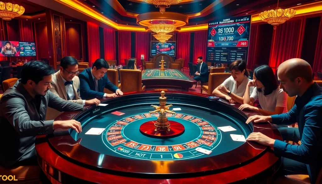 Engage with Tool xổ số siêu tốc at a luxurious casino featuring roulette and high-stakes betting.