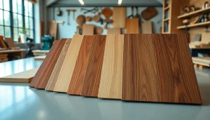 Showcase of various wood veneer hub samples highlighting textures and colors in a professional setting.