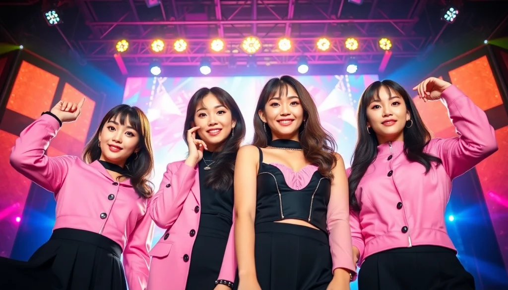blackpink members posing on a vibrant stage with glamorous lighting, showcasing their unique styles.