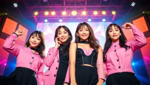 blackpink members posing on a vibrant stage with glamorous lighting, showcasing their unique styles.