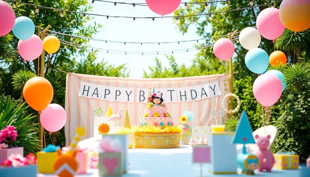 Customizable birthday party decorations with vibrant colors and personalized details in a garden setting.