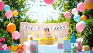 Customizable birthday party decorations with vibrant colors and personalized details in a garden setting.