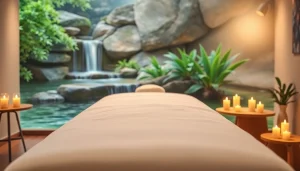 출장안마 service with a serene massage setup featuring calming candles and oils.