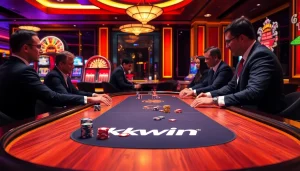 Kkwin poker table scene showcasing players' excitement in a luxurious casino atmosphere.