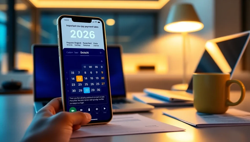 Detran GO displayed on a smartphone calendar, showcasing 2026 IPVA payment dates in a professional setting.