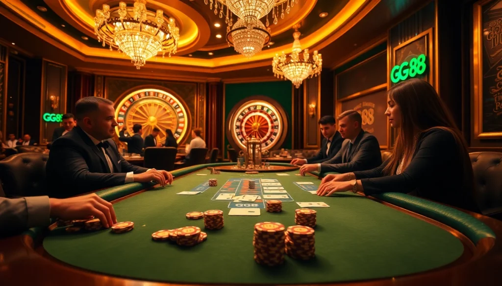 Players enjoying a thrilling game at GG 88's luxurious poker table in a vibrant casino.