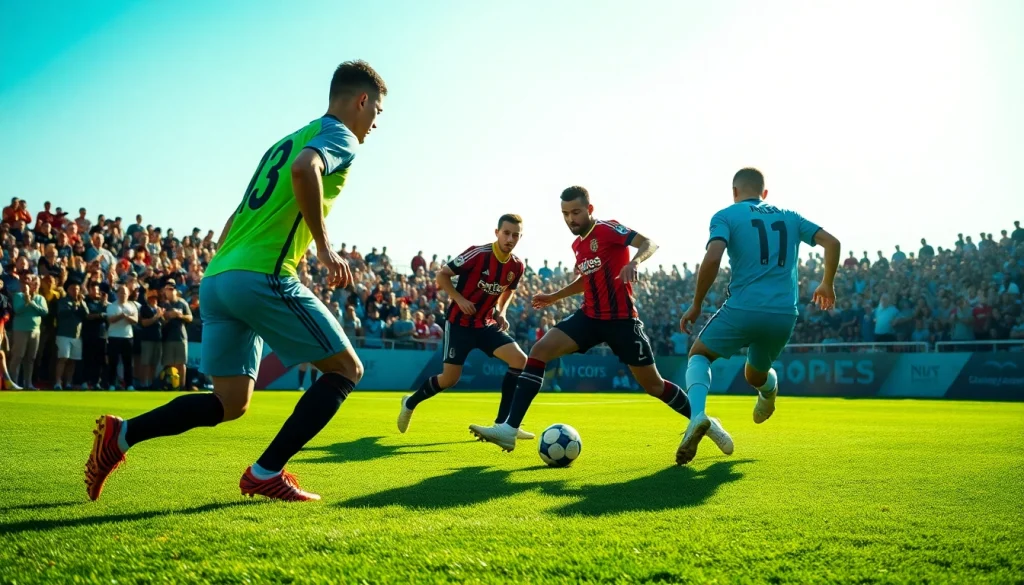 Dynamic soccer players colliding during a game, showcasing intensity and sportsmanship in บอล-วัน-นี้.